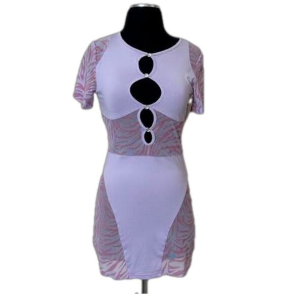 Knee Deep Denim Sexy Sheer Mesh Patchwork Bodycon Mini Dress Purple Pink Size L - Picture 1 of 14